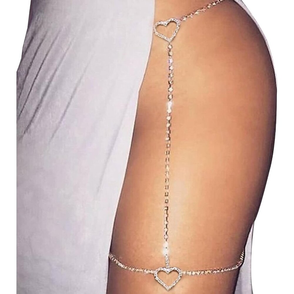 Rhinestone Heart Leg Chain Rhinestone Thigh Silver Crystal Leg Chain Waist Chain - Picture 2 of 6